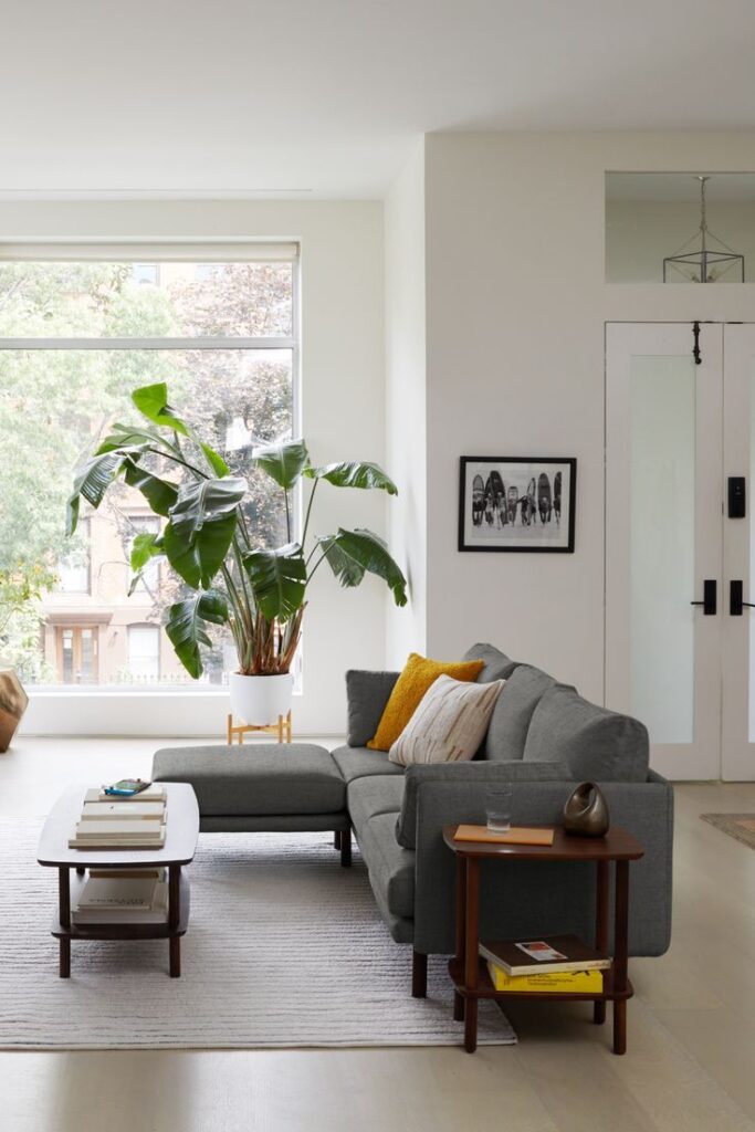 Integrating Plants and Greenery in a Gray Couch Living Room