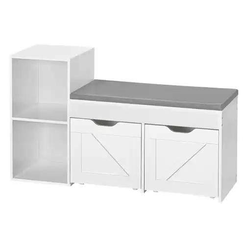 HOOBRO Storage Bench, Entryway Bench with 2 Compartments and 2 Removable Cabinets, Storage Chest with Detachable Cushion, Shoe Bench for Entrance, Bedroom, Living Room, White and Gray WG21CW01