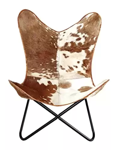 THE CHARMIKA Home Decor Genuine Leather Butterfly Arm Chair – Cow Hide Chair Hair On Sitting Chair with Powder Coated Iron Stand (White & Brown