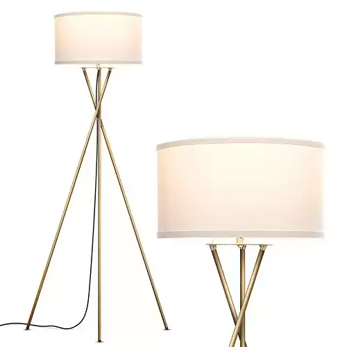 Brightech Jaxon LED Floor lamp, Modern Lamp for Living Rooms & Offices, Tall Lamp with Contemporary Drum Shade, Gold Tripod Standing Lamp for Bedroom Reading, Great Living Room Decor - Brass