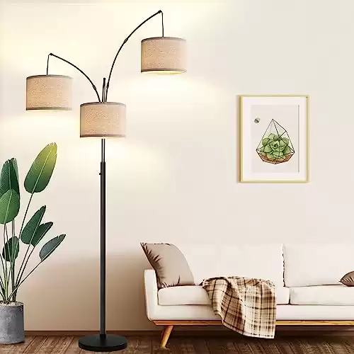 Dimmable Floor Lamp - 3 Lights Arc Floor Lamps for Living Room, 1000LM Modern Tall Standing Lamp With Beige Shades & Heavy Base, Mid Century Tree Floor Lamp for Bedroom Office, 3 LED Bulbs Include...