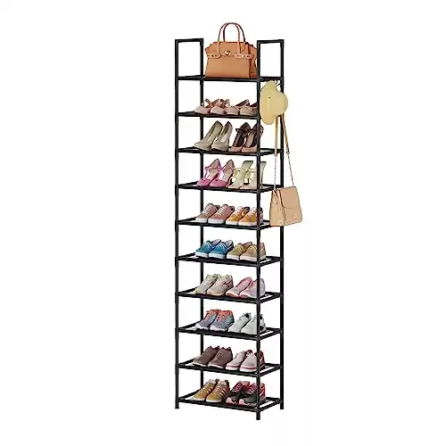WOKKOW 10-Tier Free Standing Shoe Rack - Holds 20-25 Pairs, With Hooks for Closet or Entryway