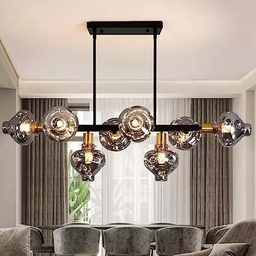 KELUOLY Mid Century Modern Chandelier 8-Light Black and Gold Chandeliers Fixture with Smoke Gray Glass,Ceiling Light Fixture Height Adustable Pendant Light for Kitchen Island Living Room Dining Room