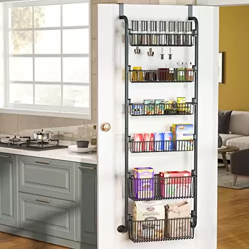 1Easylife Over the Door Pantry Organizer, 6-Tier Pantry Door Organization and Storage, Heavy-Duty Metal Hanging Kitchen Spice Rack Can Organizer, Space-saving (4x4.72+2x5.9 Width Baskets, Black)