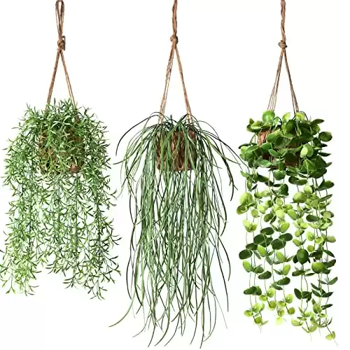 Kazeila 3 Pack Artificial Hanging Potted Plants,Fake Hanging Plants with Woven Basket Plant Hangers,Plastic Greenery Fake Vines Faux Hanging Plants for Wall Home Room Balcony Porch Indoor Decor