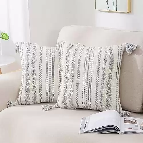 decorUhome Decorative Boho Throw Pillow Covers 18x18 Set of 2, Accent Neutral Tufted Pillow Covers for Couch Bed Sofa Living Room, Textured Striped Woven Pillow Covers, Grey and Cream White
