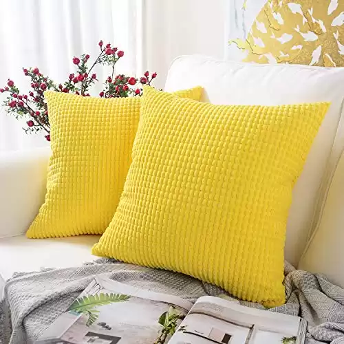 MERNETTE Pack of 2, Corduroy Soft Decorative Square Throw Pillow Cover Cushion Covers Pillowcase, Home Decor Decorations for Sofa Couch Bed Chair 18x18 Inch/45x45 cm (Granules Lemon Yellow)