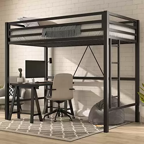IMUsee Loft Bed Frame for Juniors&Adults, Metal Twin Size with Safety Guardrail&Removable Ladder, Space-Saving, Noise Free, Matte Black