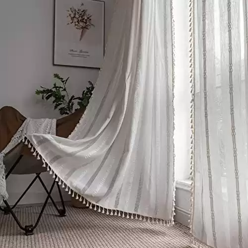 Boho Curtains for Bedroom Embroidery Striped Farmhouse 84 Inches Long 2 Pannels Set White Linen Light Filtering for Living Room Rod Pocket Drapes(52