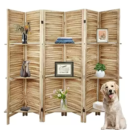 ECOMEX Room Divider 6 Panel, Wood Folding Room Divider Screen, Room Divider with Shelves and Easy Move Partition, Freestanding Room Screen Divider with Display Shelves (Natural Color)