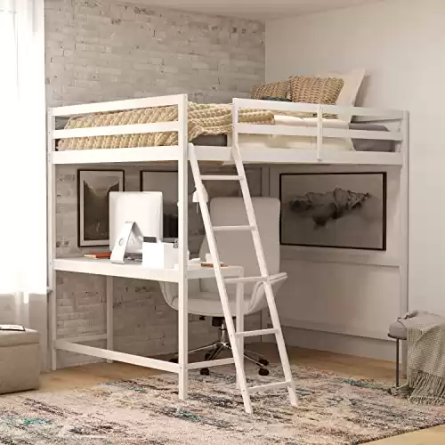 BizChair Loft Bed Frame with Desk, Full Size Wooden Bed Frame with Protective Guard Rails & Ladder for Kids, Teens and Adults - White