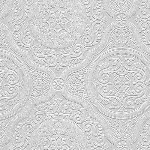 Norwall NW48932 Carter Series Vinyl Textured Paintable Floral Scroll Boarded Square Design Large Wallpaper Roll, 21