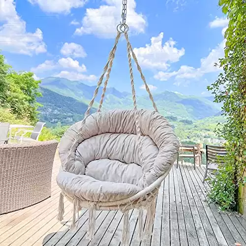 Hammock Chair with Cushion, Handmade Macrame Swing Chair with Hanging Hardware Kits, Bohemian Style Cotton Rope Hanging Chair for Bedroom Indoor Outdoor, Beige