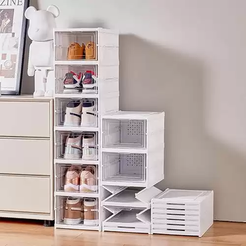 HMA Pro Shoe Organizer 6-Tier Foldable Plastic Shoe Organizer, Foldable Plastic Shoe Storage Boxes Or Sneaker Storage Boxes, No Installation Required All in One Clear Shoe Rack with Doors
