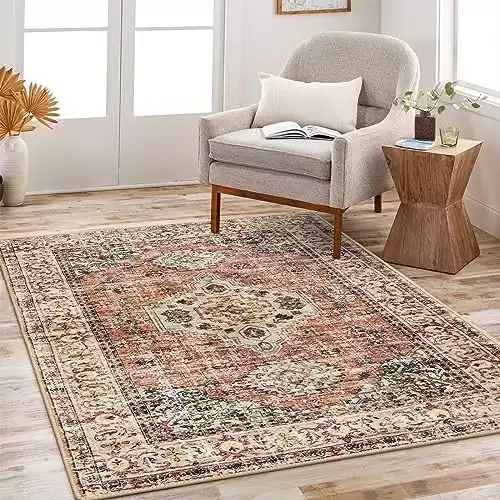 Lahome Oriental Washable Rug - 3x5 Entryway Rug Non Slip Kitchen Rugs, Distressed Vintage Soft Indoor Office Rugs for Bedroom, Ultra-Thin Throw Carpet for Living Room Entrance Dorm,Peach/Orange