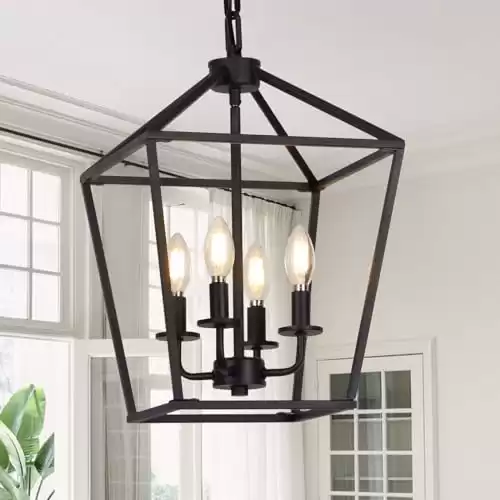 4 Light Chandelier, Industrial Ceiling Light Black Lantern Light Fixtures with Farmhouse Metal Cage Adjustable Height Rustic Geometric Hanging Light E12 Base for Kitchen Island, Entryway, Indoor