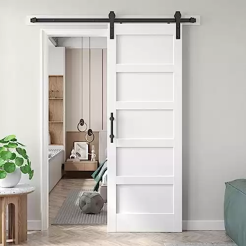 Fredbeck 30x84 inch White Barn Door with 5.5FT Sliding Door Hardware Kit Included & Handle,Solid,MDF, PVC Surface,DIY Assembly,5-Panel