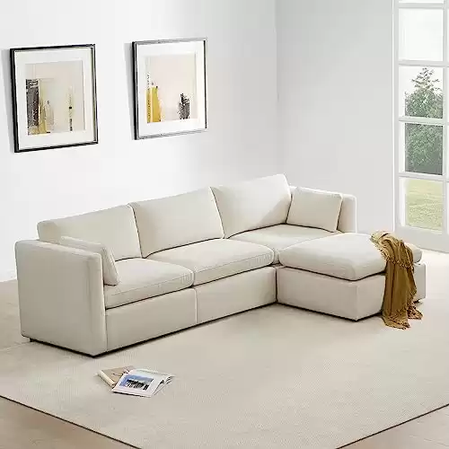 CHITA Oversized Modular Sectional Fabric Sofa Set,Extra Large L Shaped Couch with Reversible Chaise Modular Sectional Couch,112 inch Width,4 Seat Modular Sofa with Storage Ottoman, Linen