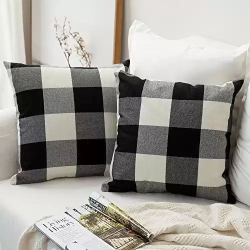 MIULEE Halloween Pack of 2 Farmhouse Buffalo Check Plaids Linen Throw Pillow Covers Soft Soild Decorative Home Decor Outdoor Cushion Case for Sofa Bedroom 18 x 18 Inch, Black and White