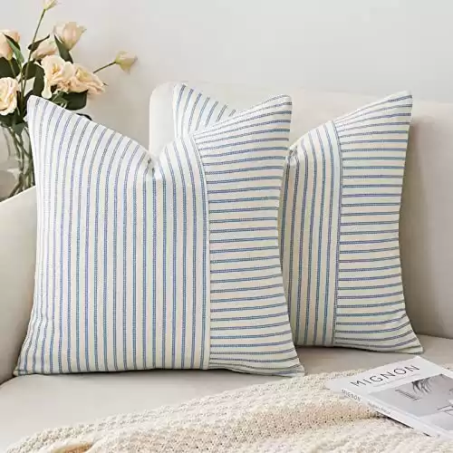 MIULEE Light Blue and Beige Patchwork Farmhouse Pillow Covers 18x18 Inch, Pack of 2 Striped Linen Decorative Modern Accent Pillow Cases for Sofa Couch Bedroom