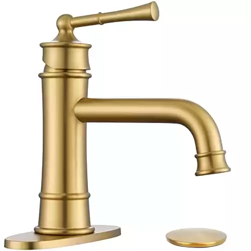Hangoro Bathroom Faucet, Brush Gold Single Handle Faucets for Bathroom Sink, Solid Valve & Pop Up Drain