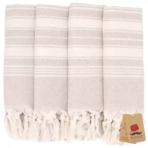 Bazaar Anatolia Turkish Hand Towels Set of 4 Bathroom Towels 39x19 inches 100% Cotton Bath Kitchen Towels with Hanging Loop Boho Farmhouse Decor Tan Taupe Cream - Stripe Beige